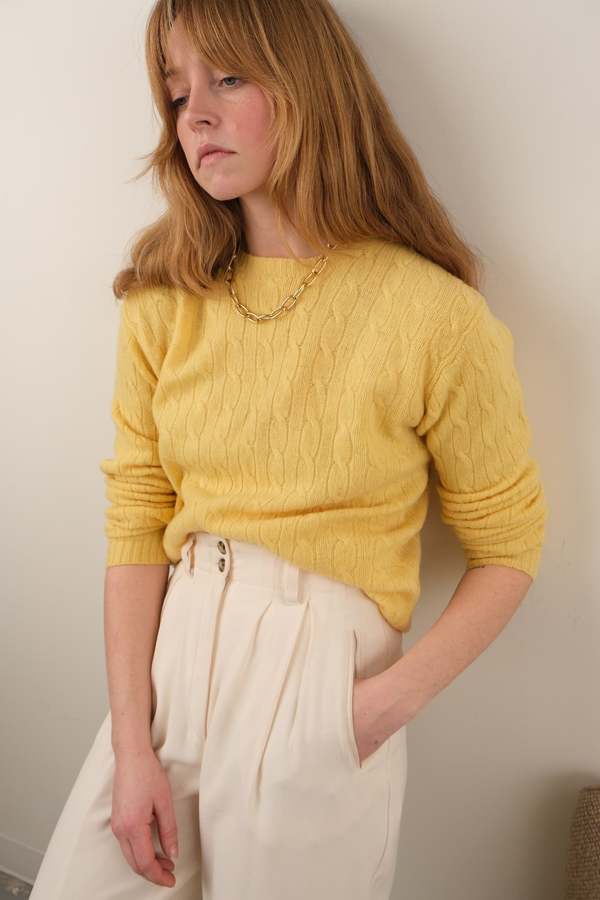 Hermine Vintage 90s Lemon Polo Ralph Lauren Lambswool Cable Knit Sweater - Yellow