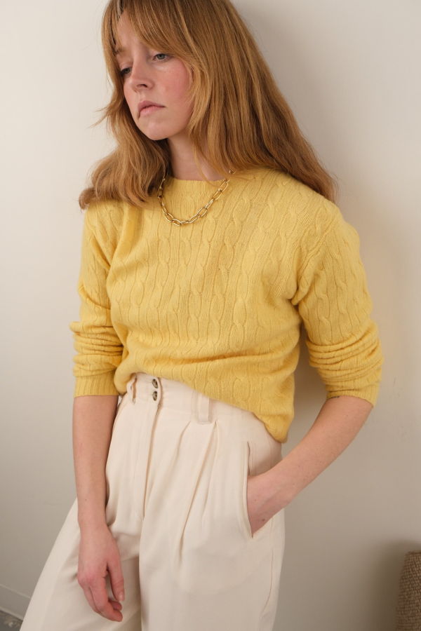 Hermine Vintage 90s Lemon Polo Ralph Lauren Lambswool Cable Knit Sweater - Yellow