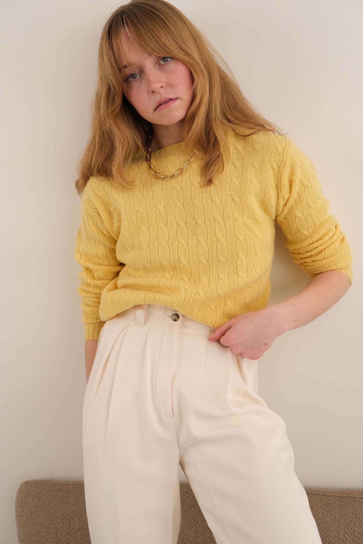 Hermine Vintage 90s Lemon Polo Ralph Lauren Lambswool Cable Knit Sweater - Yellow - Image 3 of 5