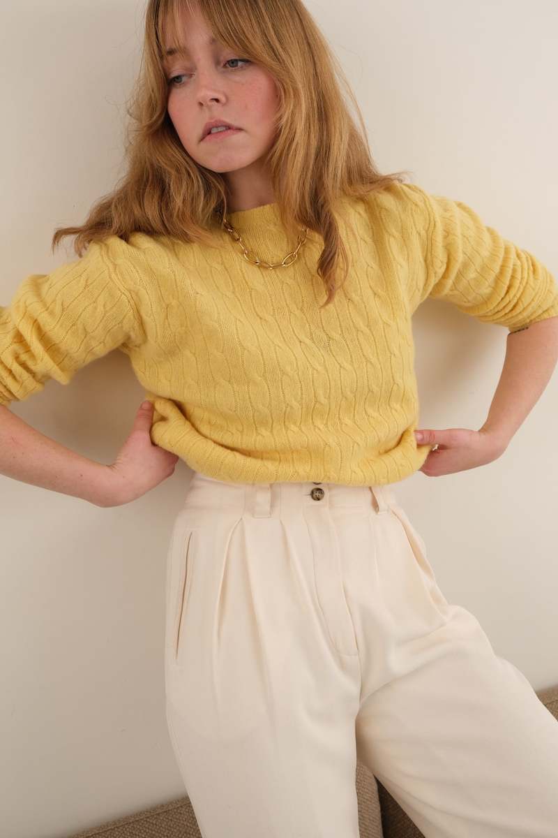 Hermine Vintage 90s Lemon Polo Ralph Lauren Lambswool Cable Knit Sweater - Yellow