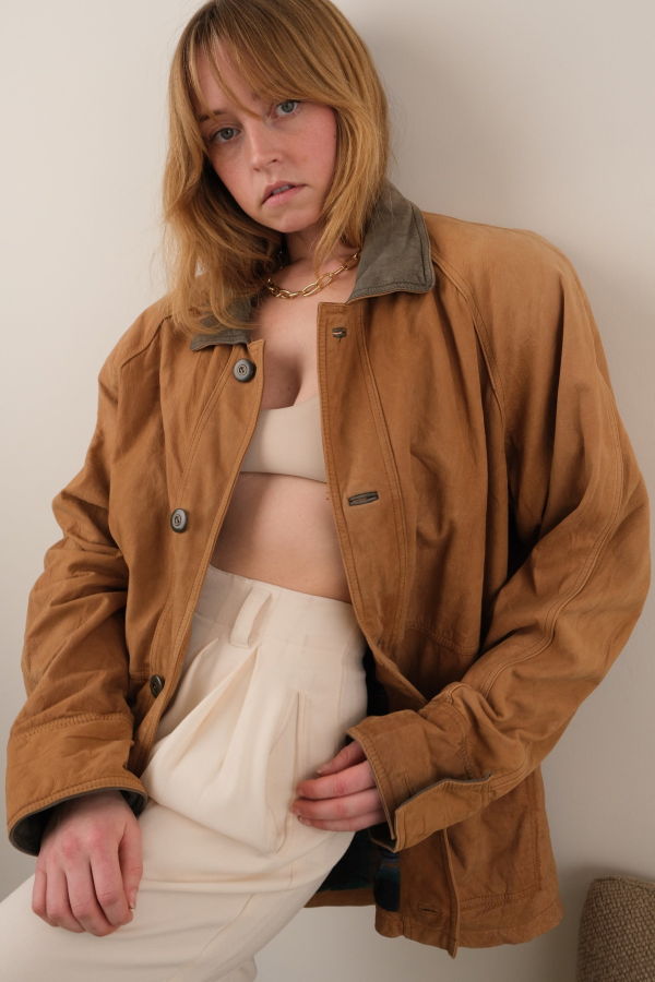 Hermine Vintage 90s Saddle Leather Longline Barn Jacket - Brown