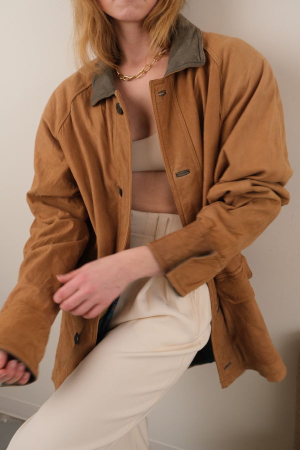 Hermine Vintage 90s Saddle Leather Longline Barn Jacket - Brown