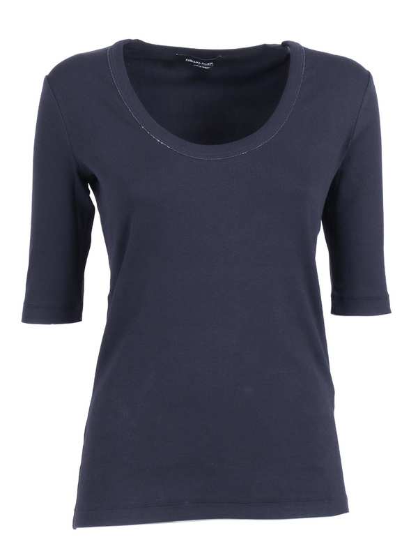 Fabiana Filippi Ribbed Cotton Jersey U Neck Filo Diamante T-Shirt - Blue