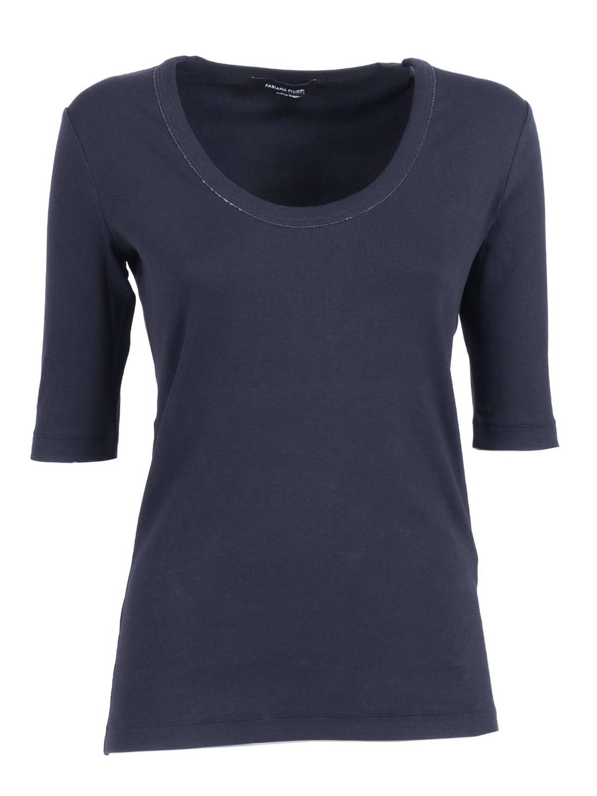 Fabiana Filippi Ribbed Cotton Jersey U Neck Filo Diamante T-Shirt - Blue - Image 1 of 3