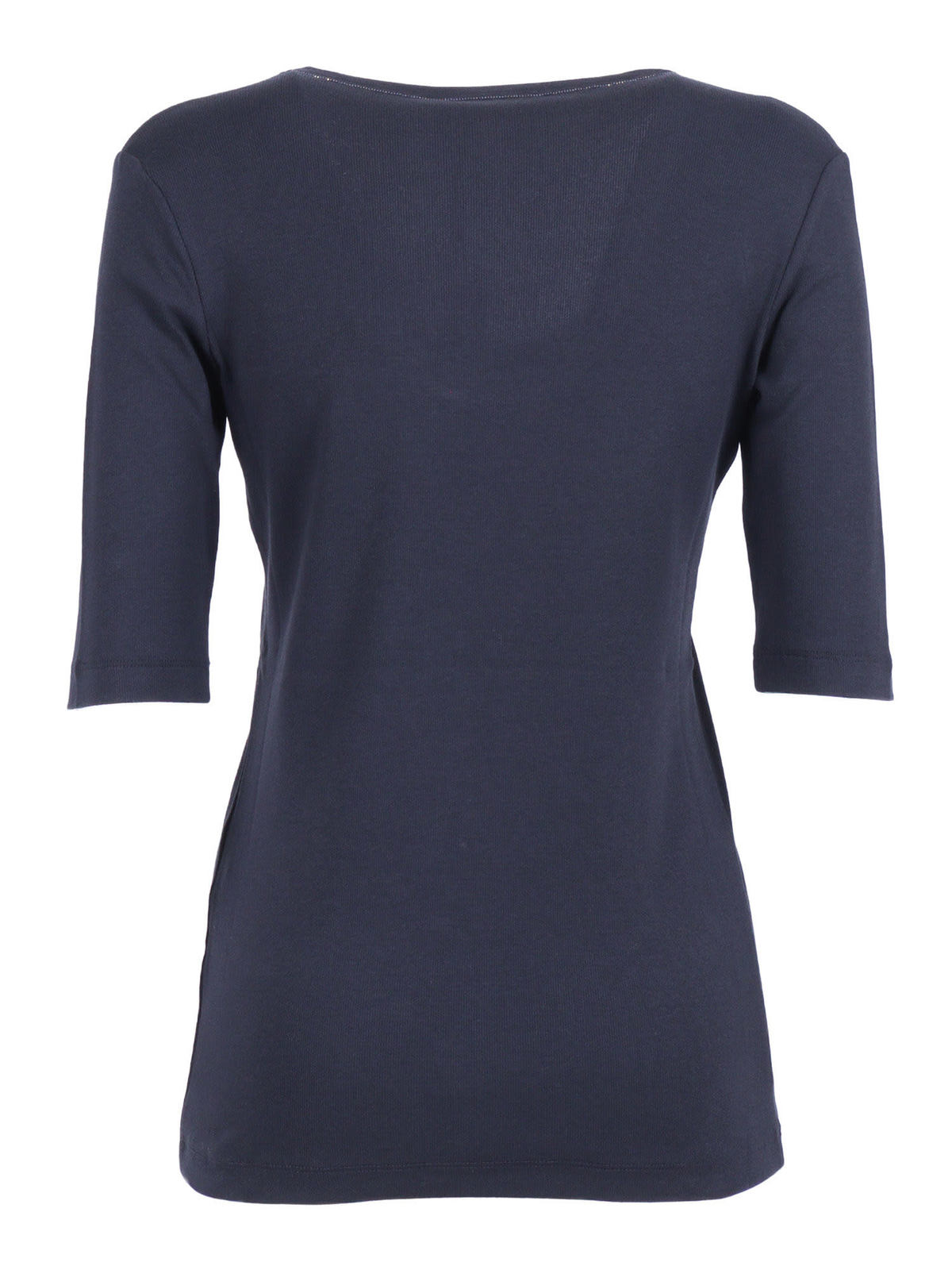 Fabiana Filippi Ribbed Cotton Jersey U Neck Filo Diamante T-Shirt - Blue - Image 2 of 3