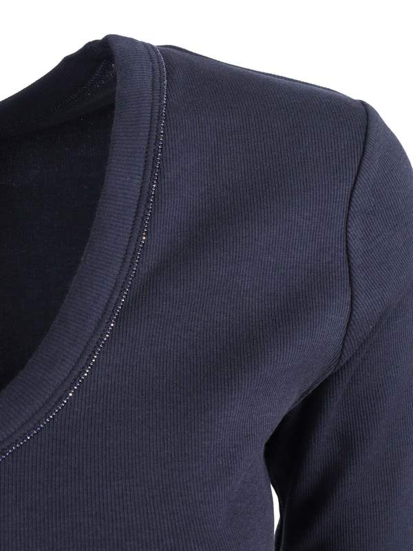 Fabiana Filippi Ribbed Cotton Jersey U Neck Filo Diamante T-Shirt - Blue