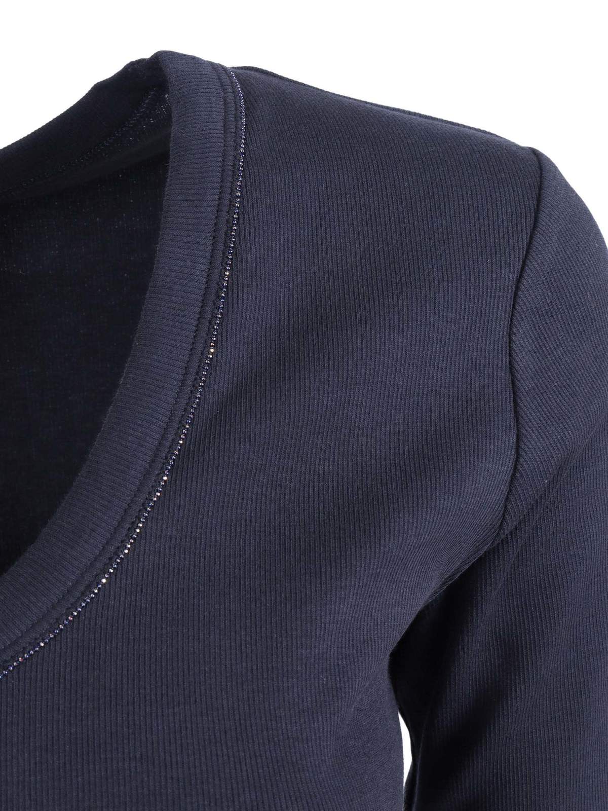 Fabiana Filippi Ribbed Cotton Jersey U Neck Filo Diamante T-Shirt - Blue - Image 3 of 3