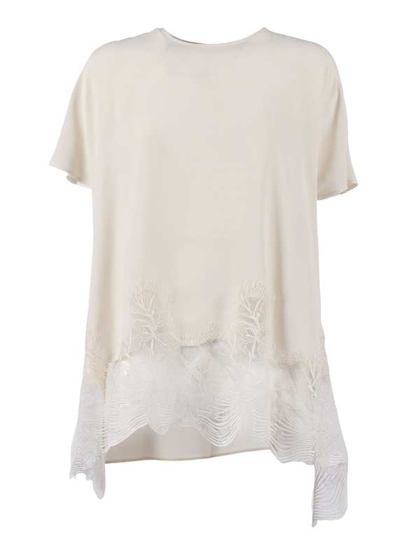 Fabiana Filippi Crepe De Chine Short Sleeve Top With Lace Bottom Band Blouse - White
