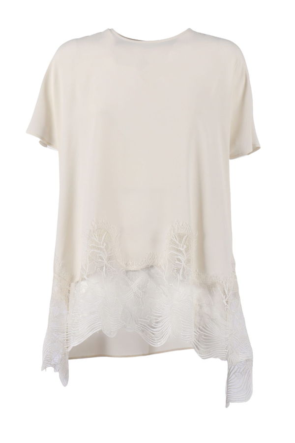 Fabiana Filippi Crepe De Chine Short Sleeve Top With Lace Bottom Band Blouse - White