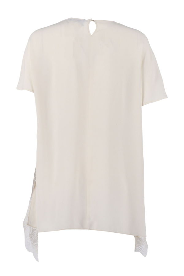 Fabiana Filippi Crepe De Chine Short Sleeve Top With Lace Bottom Band Blouse - White