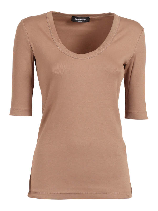 Fabiana Filippi Ribbed Cotton Jersey U Neck Filo Diamante T-Shirt - Beige