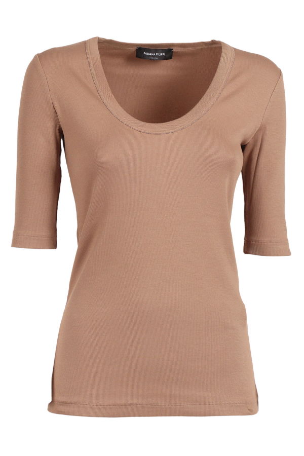 Fabiana Filippi Ribbed Cotton Jersey U Neck Filo Diamante T-Shirt - Beige
