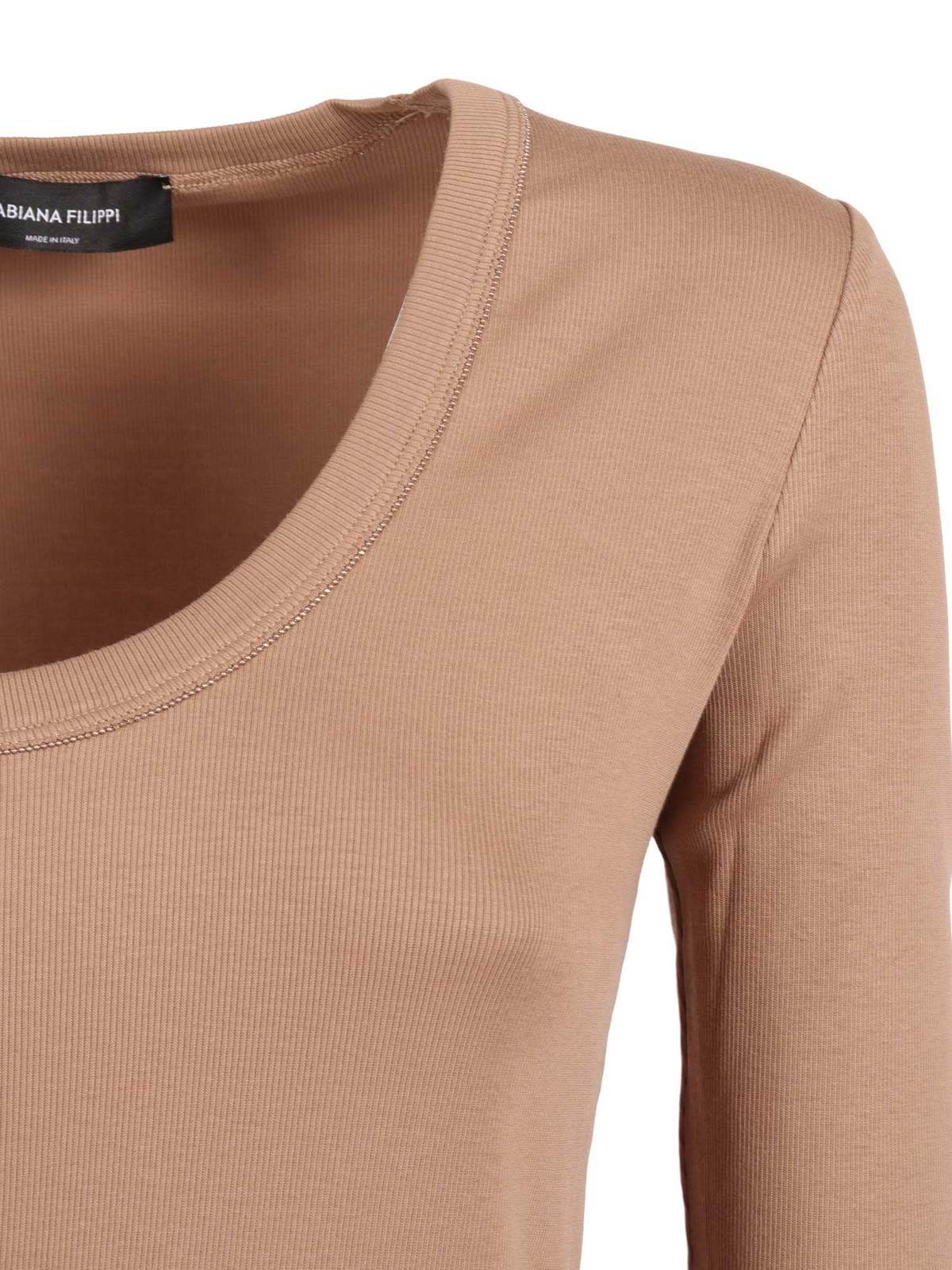 Fabiana Filippi Ribbed Cotton Jersey U Neck Filo Diamante T-Shirt - Beige - Image 3 of 3