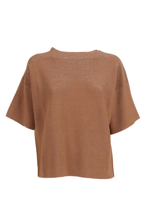Fabiana Filippi Lurex Cotton Wool Boatneck Short Sleeve Sweater - Beige