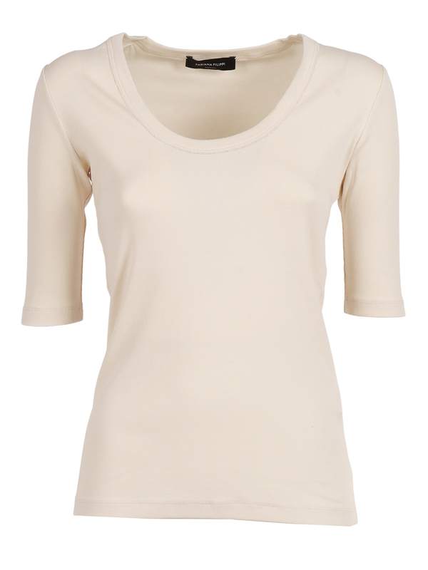 Fabiana Filippi Ribbed Cotton Jersey U Neck Filo Diamante Detail T-Shirt - White
