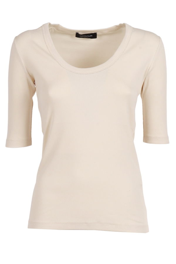 Fabiana Filippi Ribbed Cotton Jersey U Neck Filo Diamante Detail T-Shirt - White