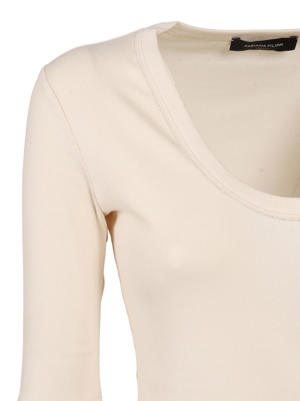 Fabiana Filippi Ribbed Cotton Jersey U Neck Filo Diamante Detail T-Shirt - White - Image 3 of 3