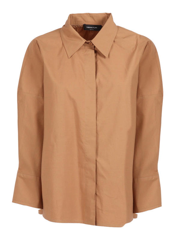 Fabiana Filippi Poplin 3/4 Sleeve Shirt With Tulle And Filo Diamante Detail Blouse - Beige