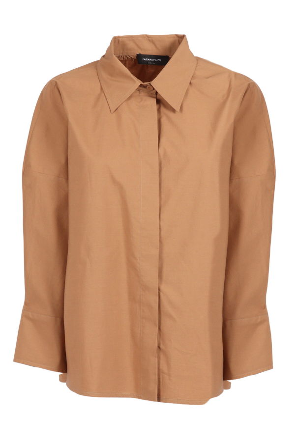 Fabiana Filippi Poplin 3/4 Sleeve Shirt With Tulle And Filo Diamante Detail Blouse - Beige