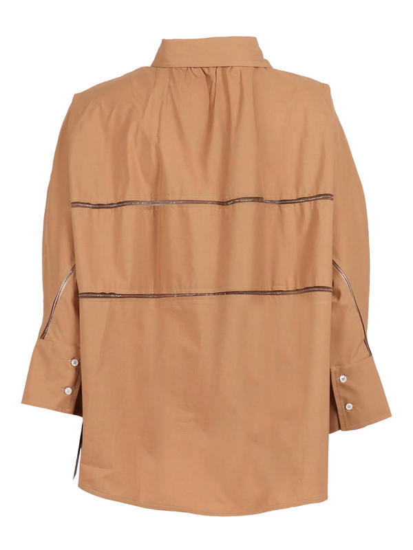 Fabiana Filippi Poplin 3/4 Sleeve Shirt With Tulle And Filo Diamante Detail Blouse - Beige