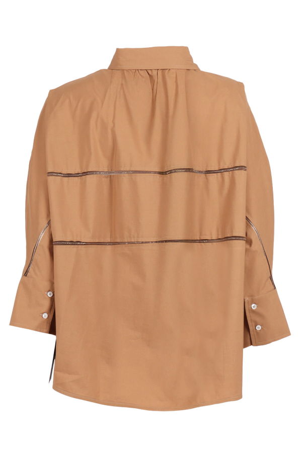 Fabiana Filippi Poplin 3/4 Sleeve Shirt With Tulle And Filo Diamante Detail Blouse - Beige