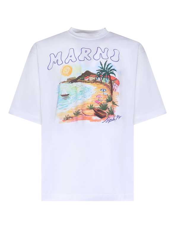 Marni Cotton T-Shirt With Marni Beach Print - White