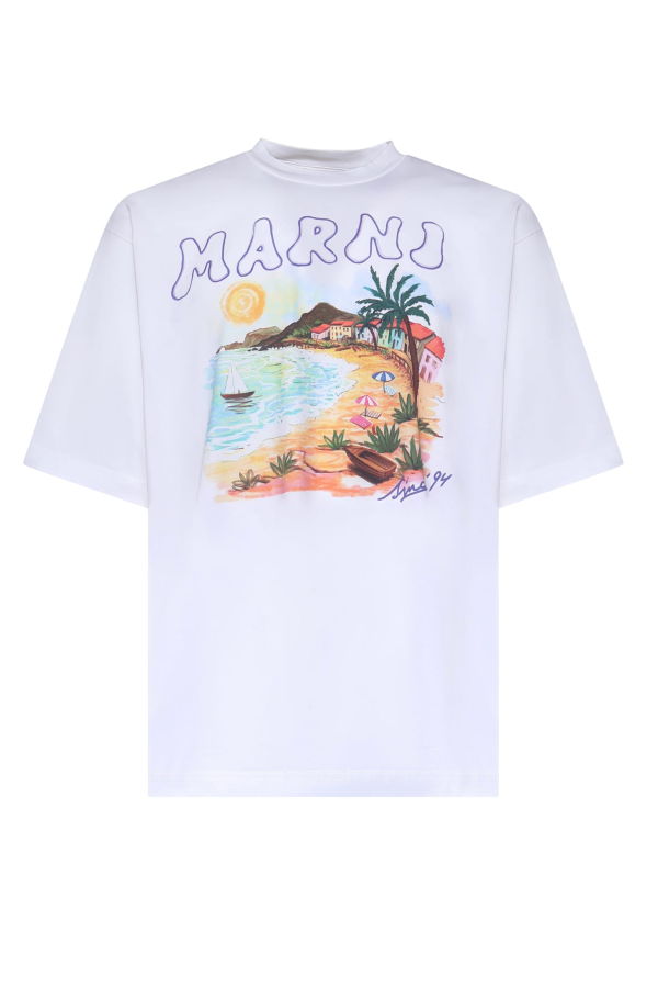 Marni Cotton T-Shirt With Marni Beach Print - White