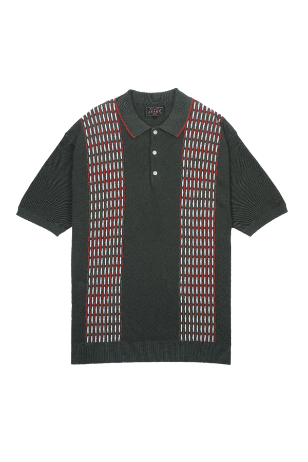 Beams Plus Knit Polo Front Stripe Jacquard Polo