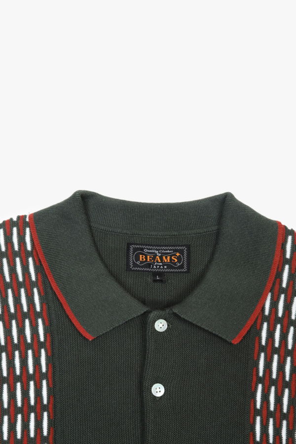 Beams Plus Knit Polo Front Stripe Jacquard Polo
