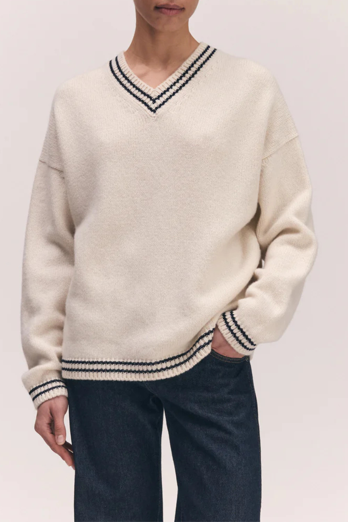 &Daughter The Stripe Trim Balla V-Neck Sweater - White/Navy - Image 2 of 3