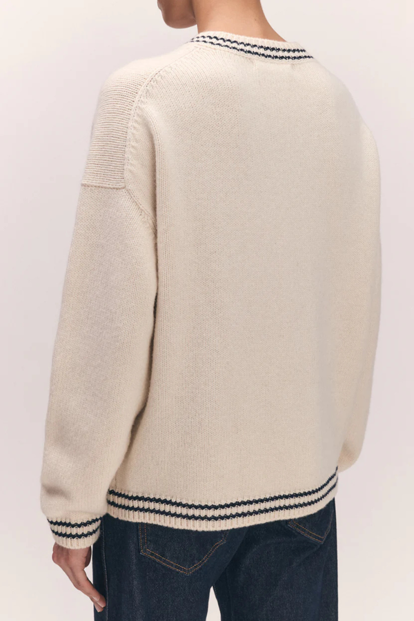 &Daughter The Stripe Trim Balla V-Neck Sweater - White/Navy