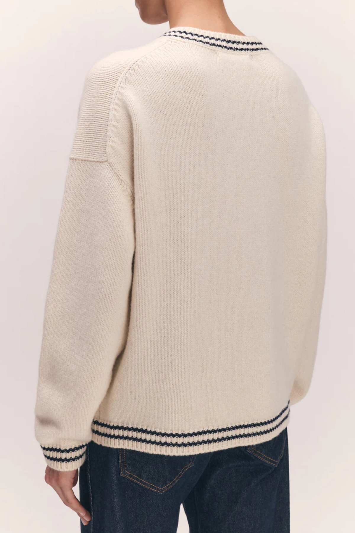 &Daughter The Stripe Trim Balla V-Neck Sweater - White/Navy - Image 3 of 3