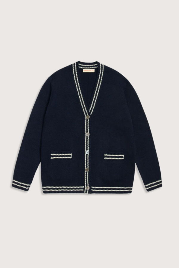 &Daughter The Stripe Trim V-Neck Cardigan - Navy/White