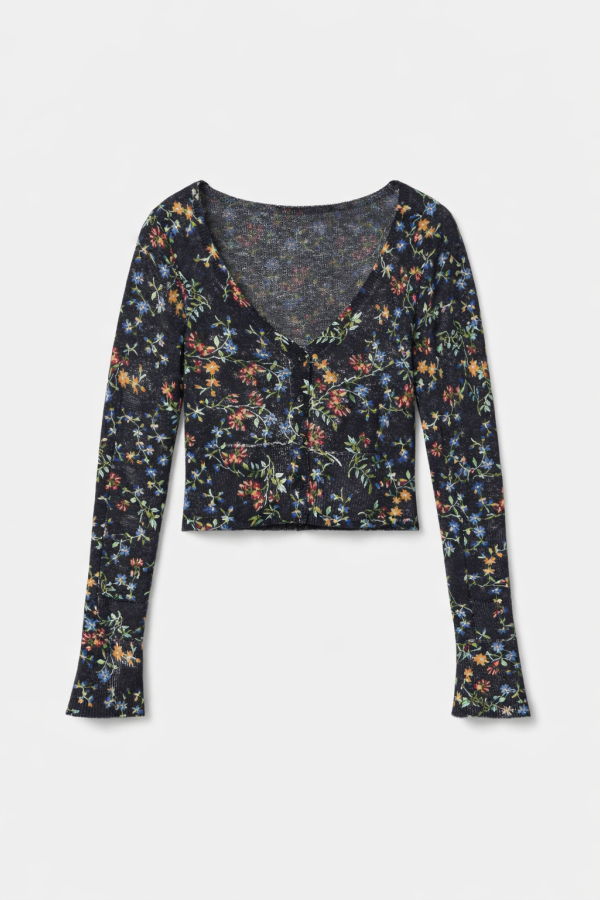The Tile Club Noa Floral Shrunken Cardigan - Black