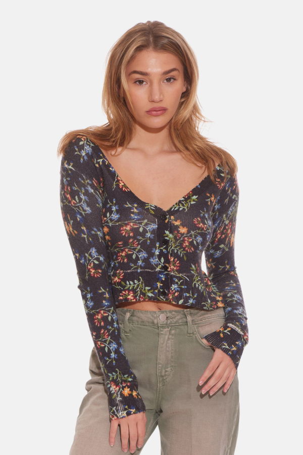 The Tile Club Noa Floral Shrunken Cardigan - Black