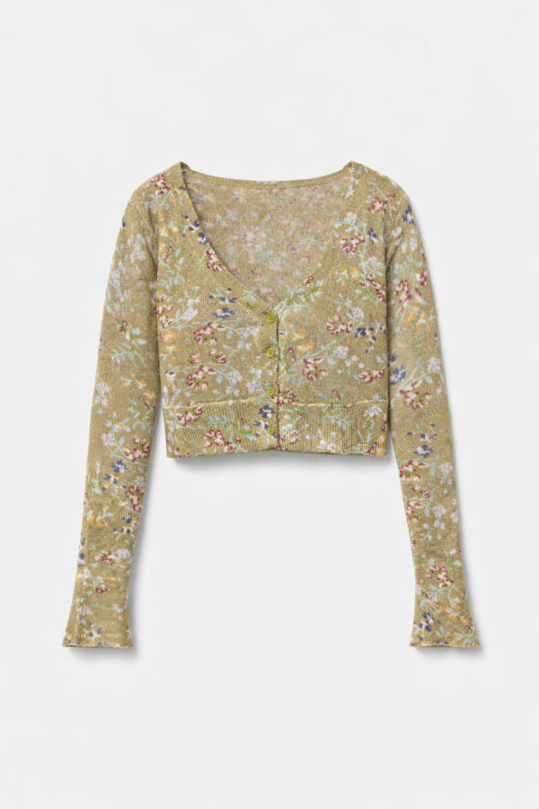 The Tile Club Noa Floral Shrunken Cardigan - Olive