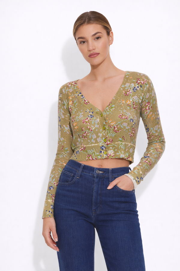 The Tile Club Noa Floral Shrunken Cardigan - Olive