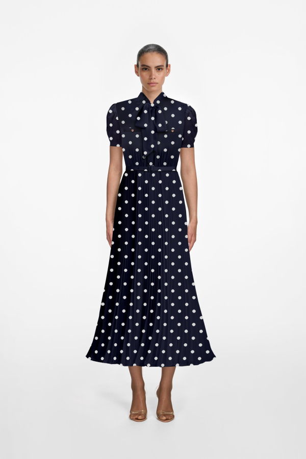 Self-Portrait Polka Dot Satin Midi Dress - Navy