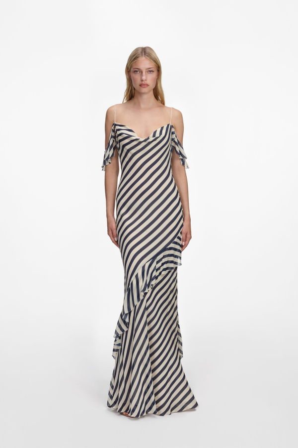 Self-Portrait Navy Stripe Georgette Maxi Dress