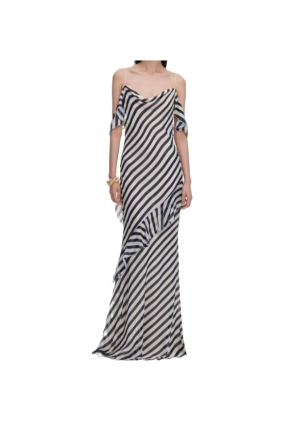 Self-Portrait Navy Stripe Georgette Maxi Dress