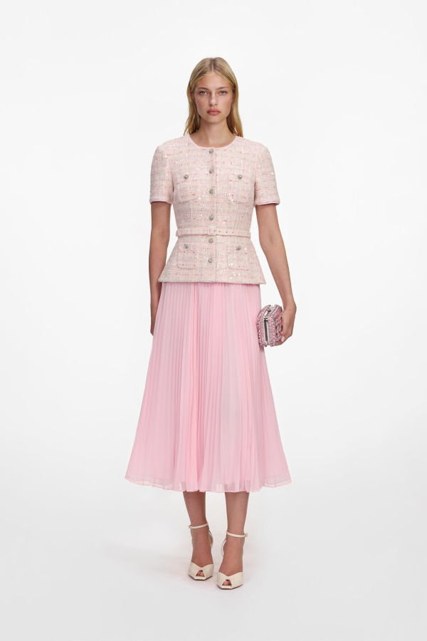 Self-Portrait Pink Sequin Boucle Tailored Midi Dress - Pink