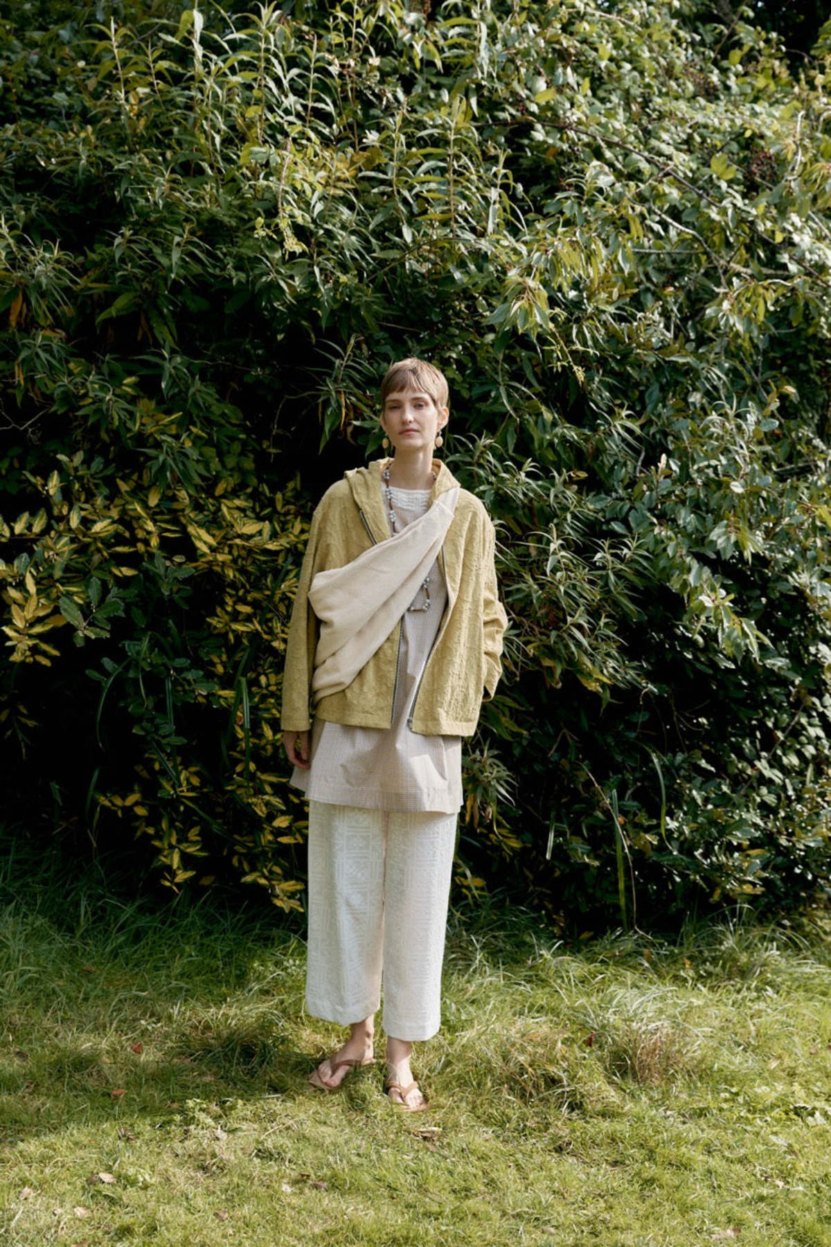 CAWLEY STUDIO Japanese Cotton/Linen Dyed Jacquard Zip Up Hoodie - Celery - Image 1 of 6