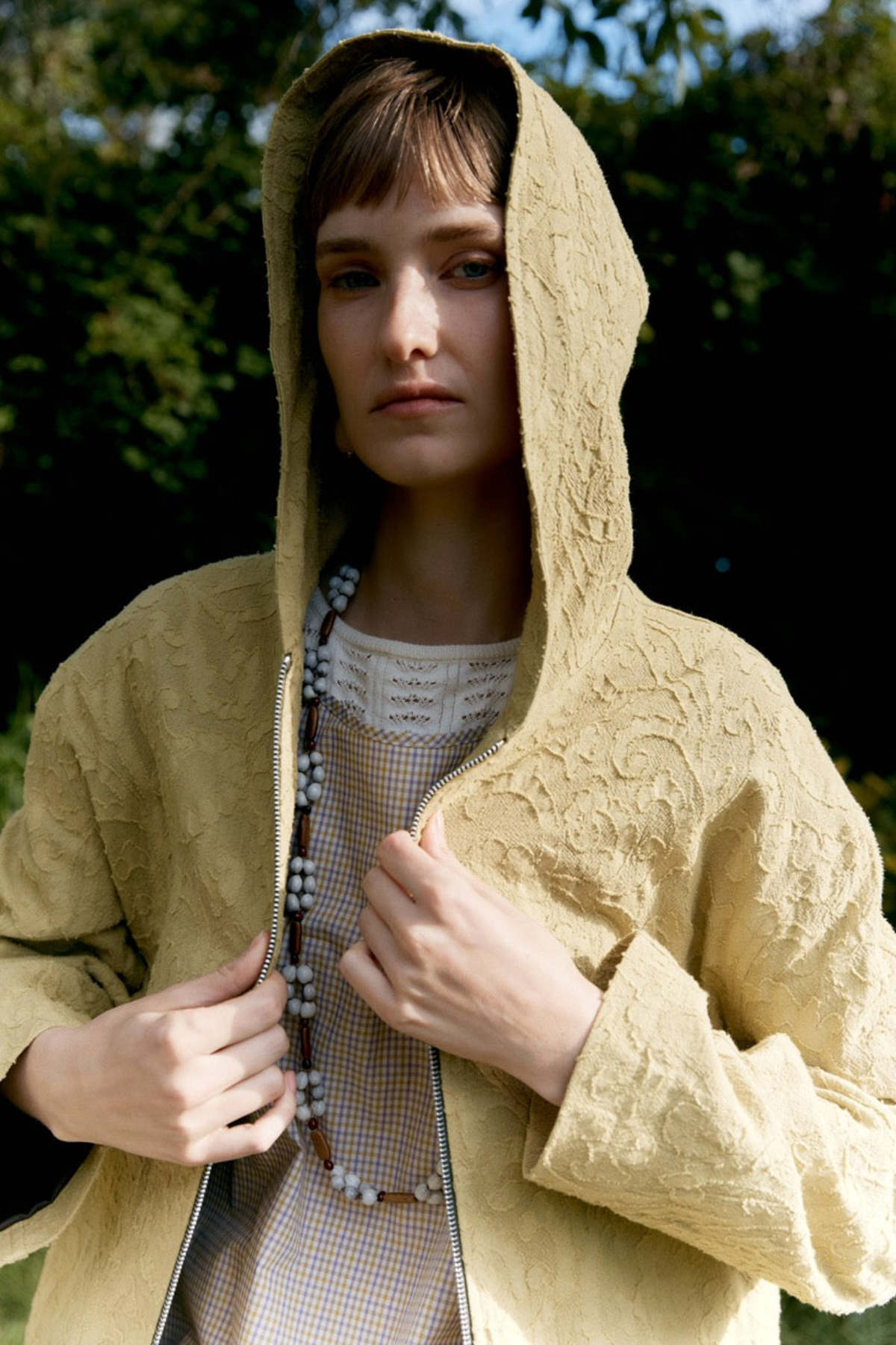 CAWLEY STUDIO Japanese Cotton/Linen Dyed Jacquard Zip Up Hoodie - Celery - Image 6 of 6