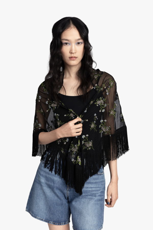 Anna Sui Bluebell Embroidered Chiffon Fringe Shawl