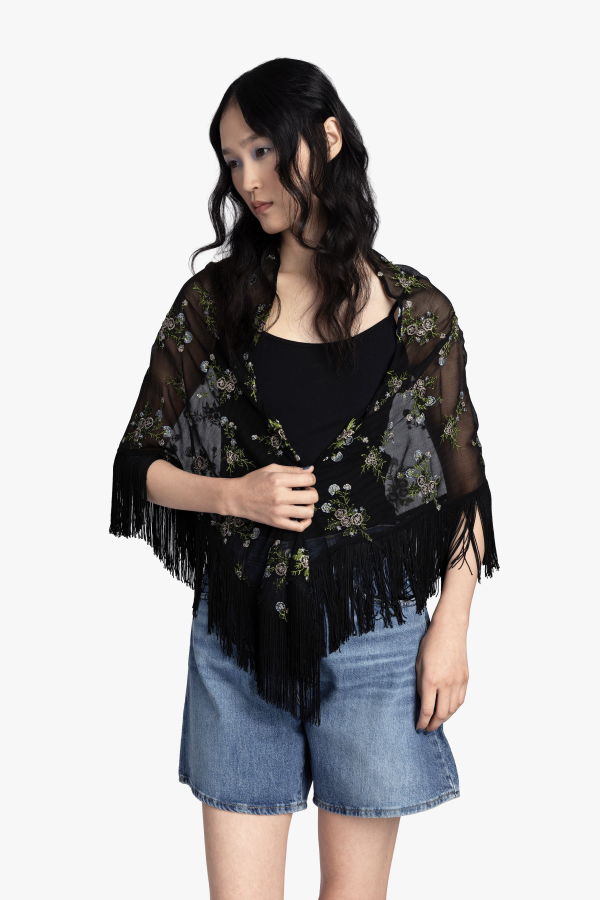 Anna Sui Bluebell Embroidered Chiffon Fringe Shawl