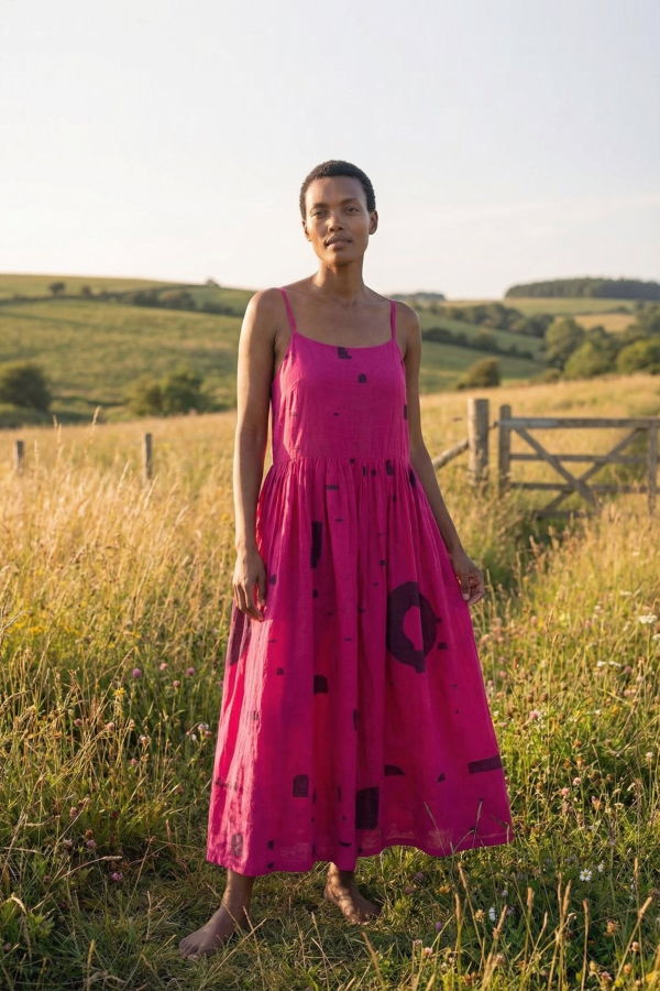 World of Crow Block Bloom Midi Dress - Fuchsia