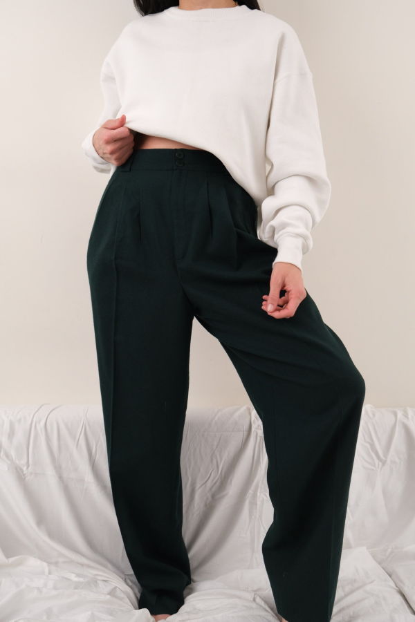 Hermine Vintage 90s Pine Wool Pleated High-Rise Trousers - Green