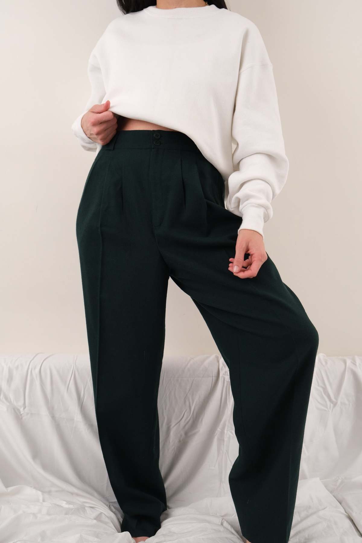 Hermine Vintage 90s Pine Wool Pleated High-Rise Trousers - Green - Image 1 of 4