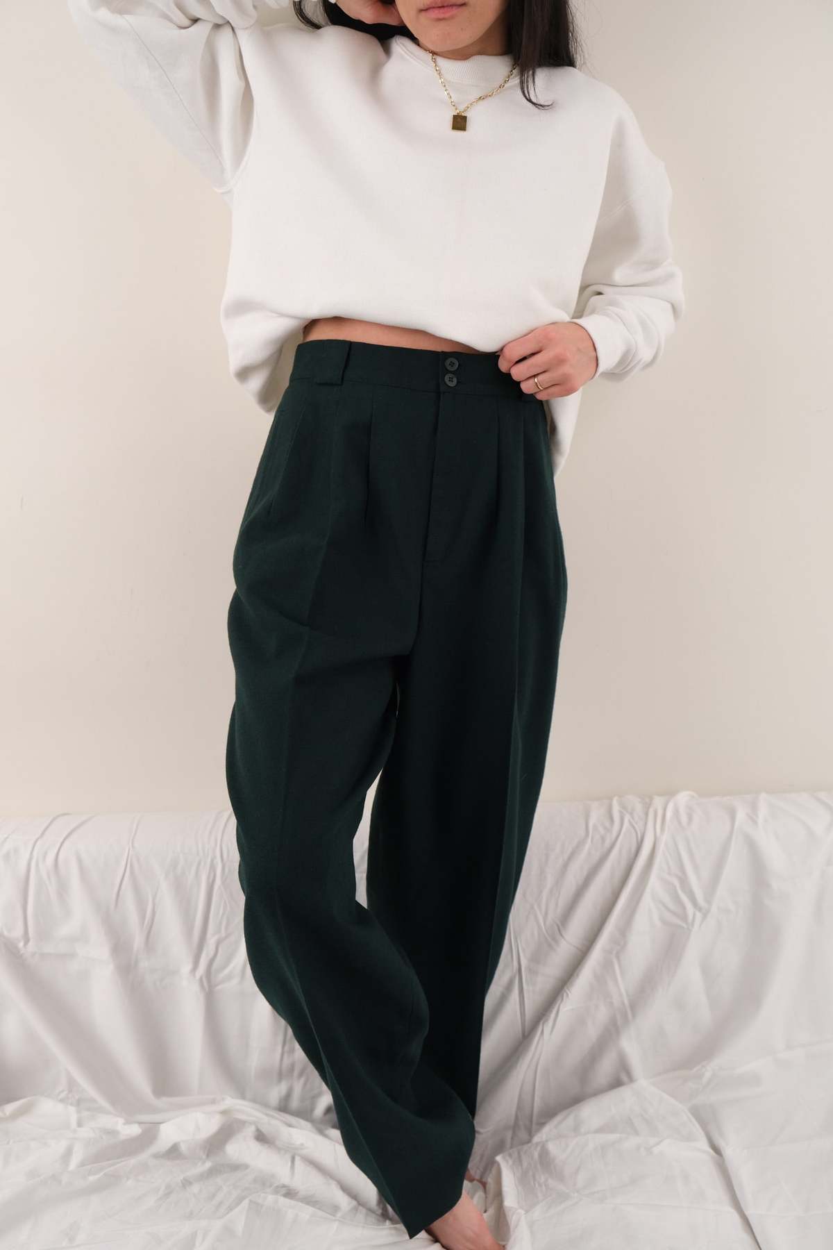 Hermine Vintage 90s Pine Wool Pleated High-Rise Trousers - Green - Image 2 of 4
