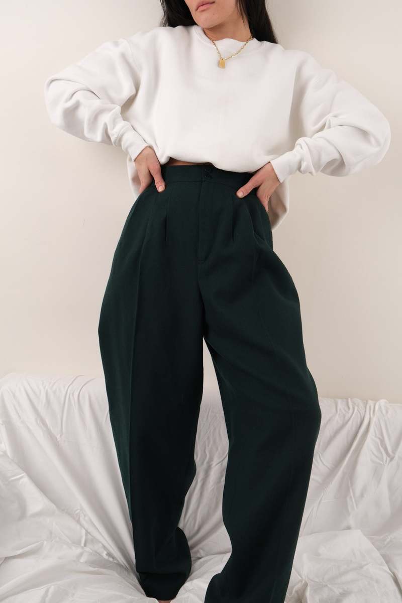 Hermine Vintage 90s Pine Wool Pleated High-Rise Trousers - Green